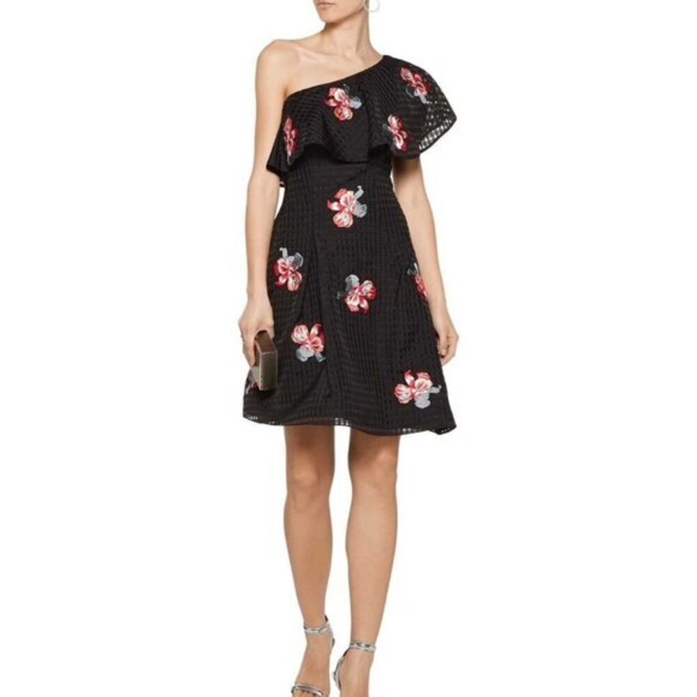 Sachin & Babi Anita Dress Red Iris Embroidery Black One Shoulder Sz 4 NWT